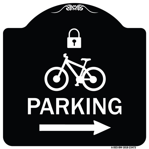 Parking W/ Lock Cycle & Right Arrow Heavy-Gauge Aluminum Sign, 18" x 18", BW-1818-23473